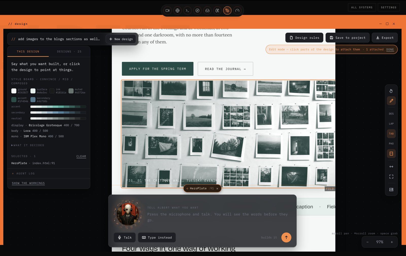 Albert's design studio mid-edit on the Fieldnote Academy page: the locked style board on the left, the built page on the right with its hero plate selected, and the composer waiting to be told what to change