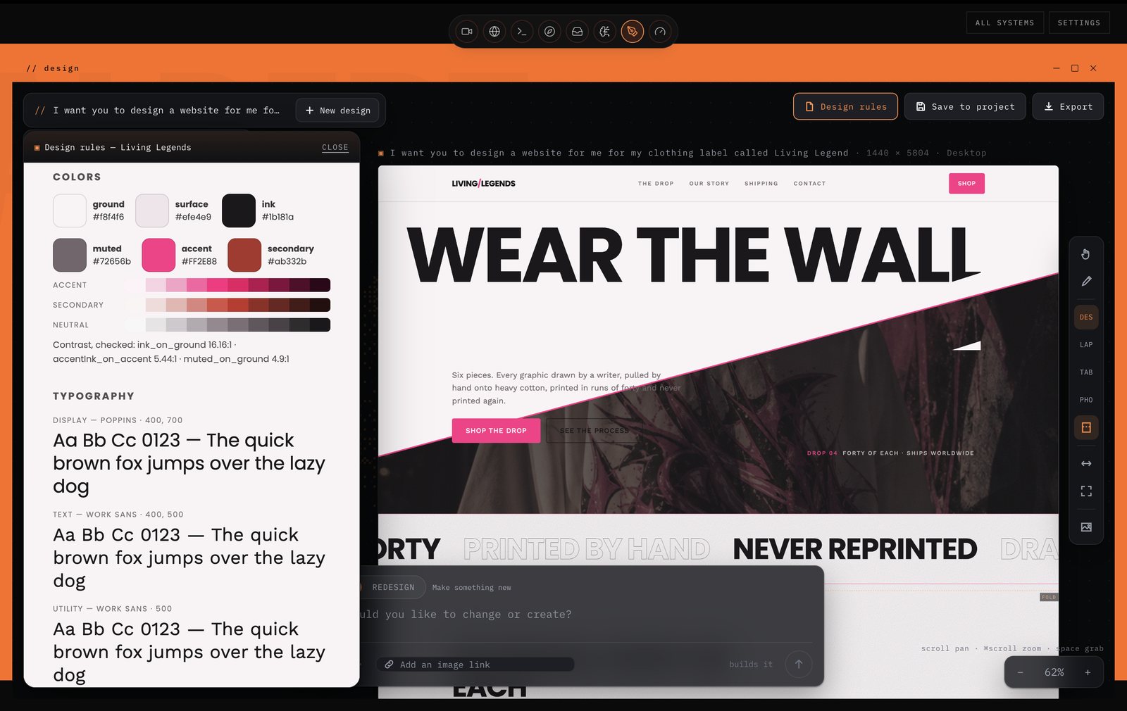 Albert's design studio: the design rules for Living Legends beside the page — WEAR THE WALL set enormous above a hot-pink diagonal seam