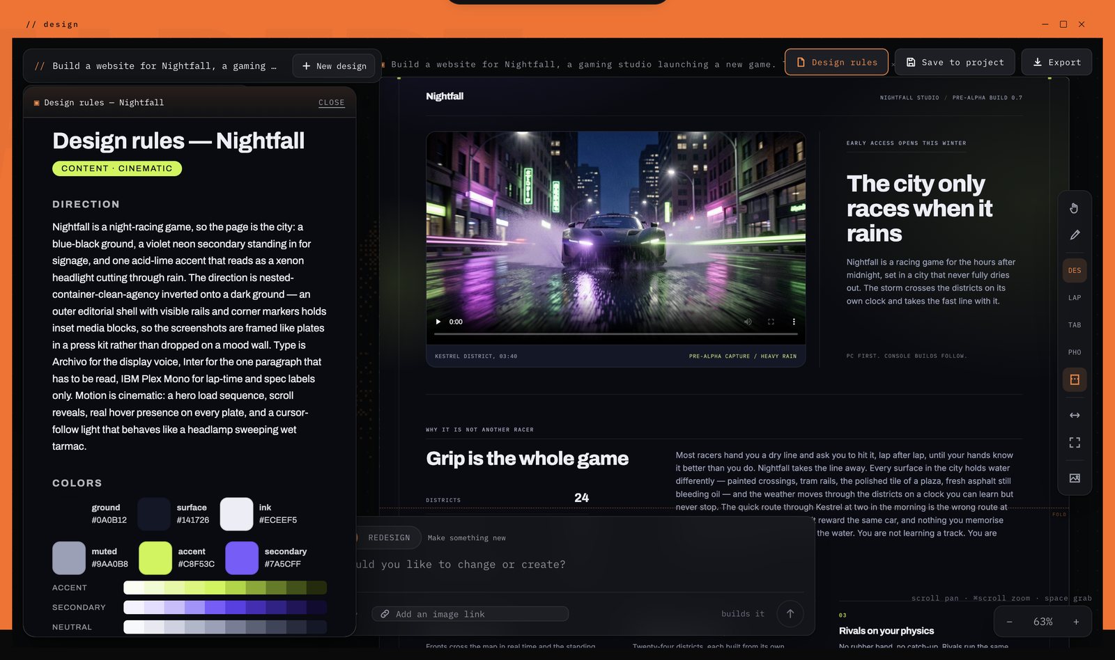 Albert's design studio: the design rules for Nightfall beside the page — a neon-lit car in the rain on a blue-black ground